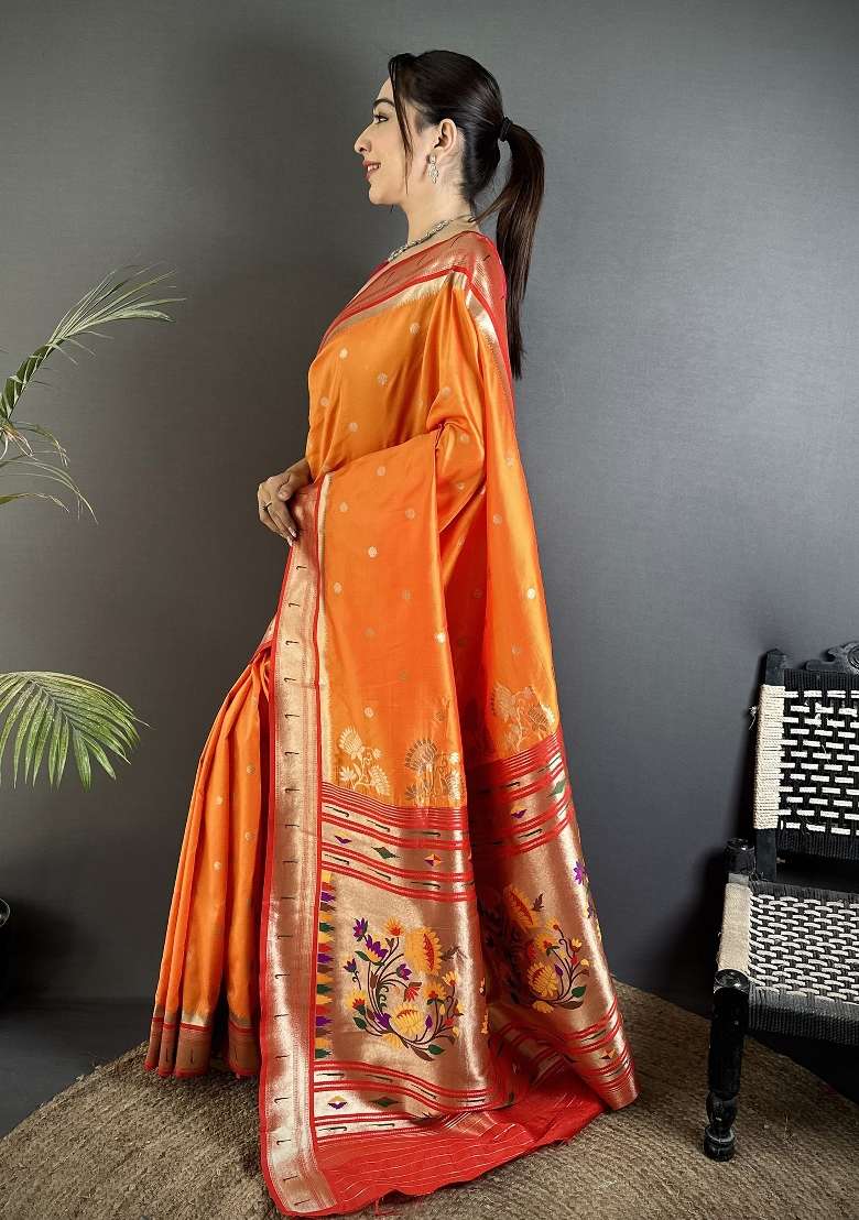 Orange Silk Blend Saree Set with Floral Print for Diwali | Wedding & Festive Wear - Indya