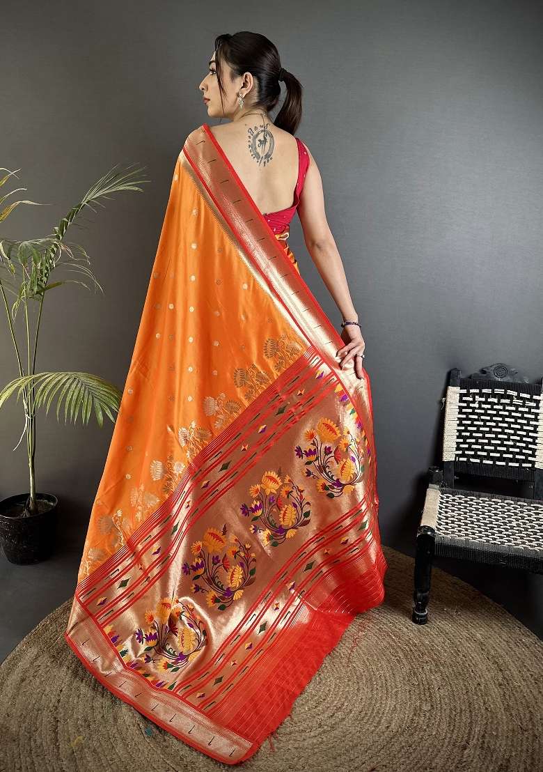Orange Silk Blend Saree Set with Floral Print for Diwali | Wedding & Festive Wear - Indya