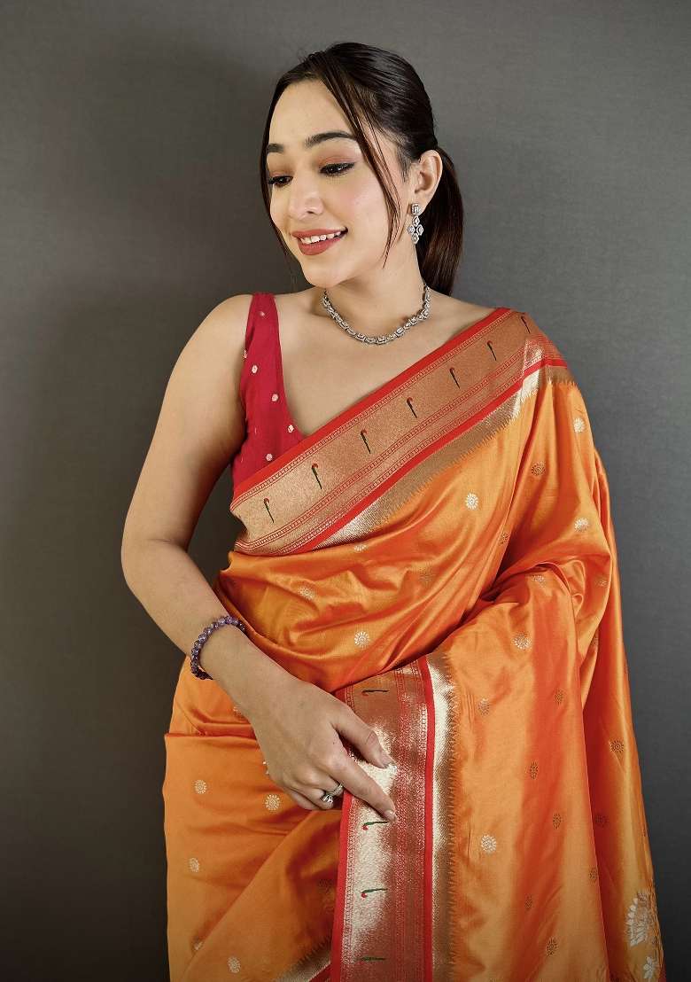 Orange Silk Blend Saree Set with Floral Print for Diwali | Wedding & Festive Wear - Indya