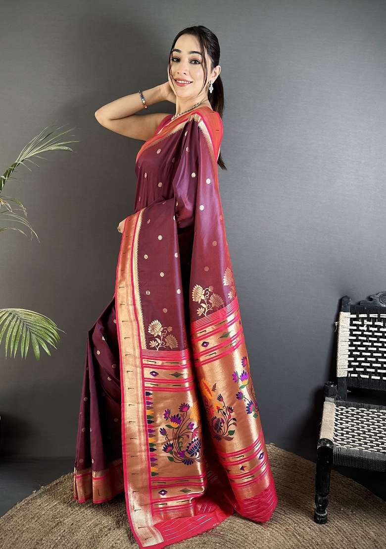Wine Silk Blend Saree Set with Floral Print for Diwali | Wedding & Festive Wear - Indya