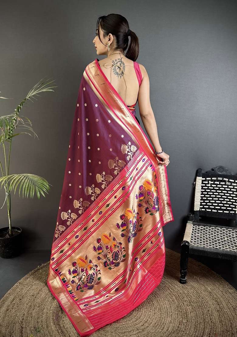 Wine Silk Blend Saree Set with Floral Print for Diwali | Wedding & Festive Wear - Indya