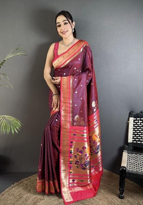 Wine Floral Print Silk Saree Set — view on Indya