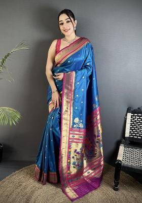 Rama Blue Floral Print Silk Blend Saree Set