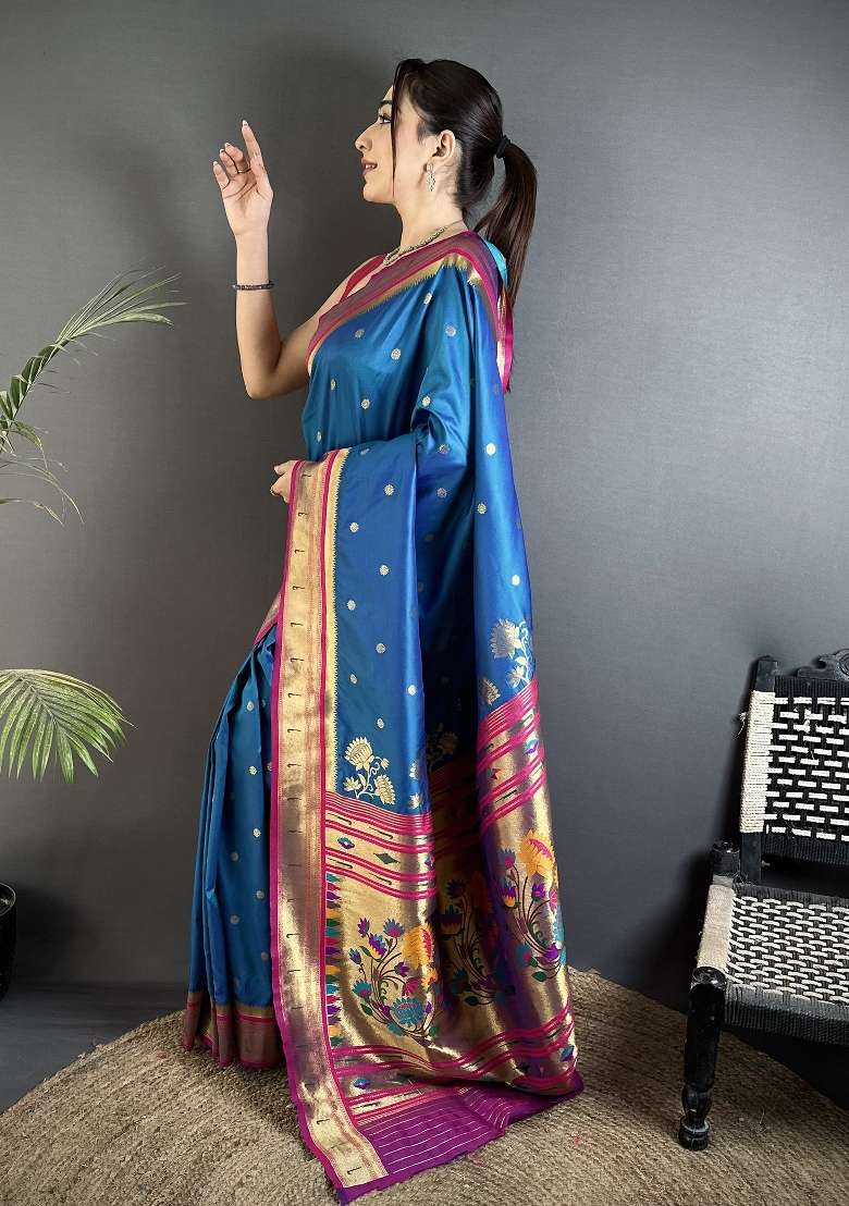 Rama Blue Floral Print Silk Blend Saree Set for Diwali and Festive Wear - Indya