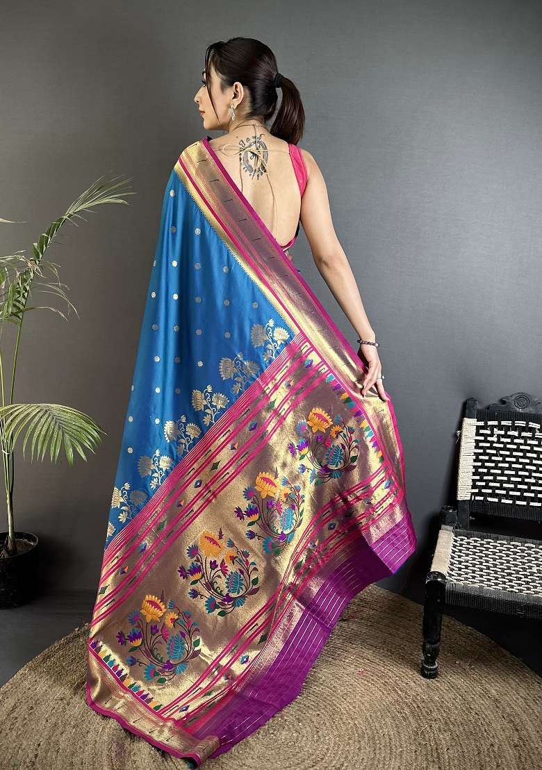 Rama Blue Floral Print Silk Blend Saree Set for Diwali and Festive Wear - Indya