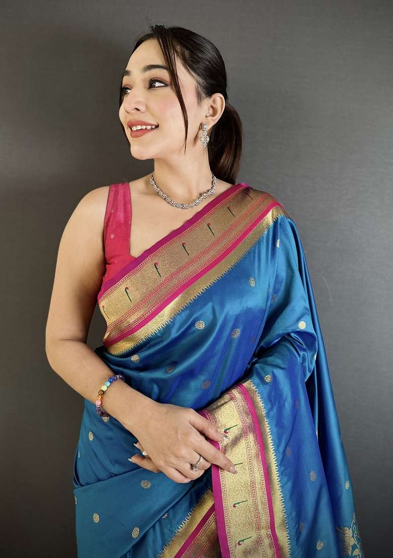 Rama Blue Floral Print Silk Blend Saree Set for Diwali and Festive Wear - Indya