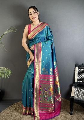 Teal Blue Floral Print Silk Blend Saree Set