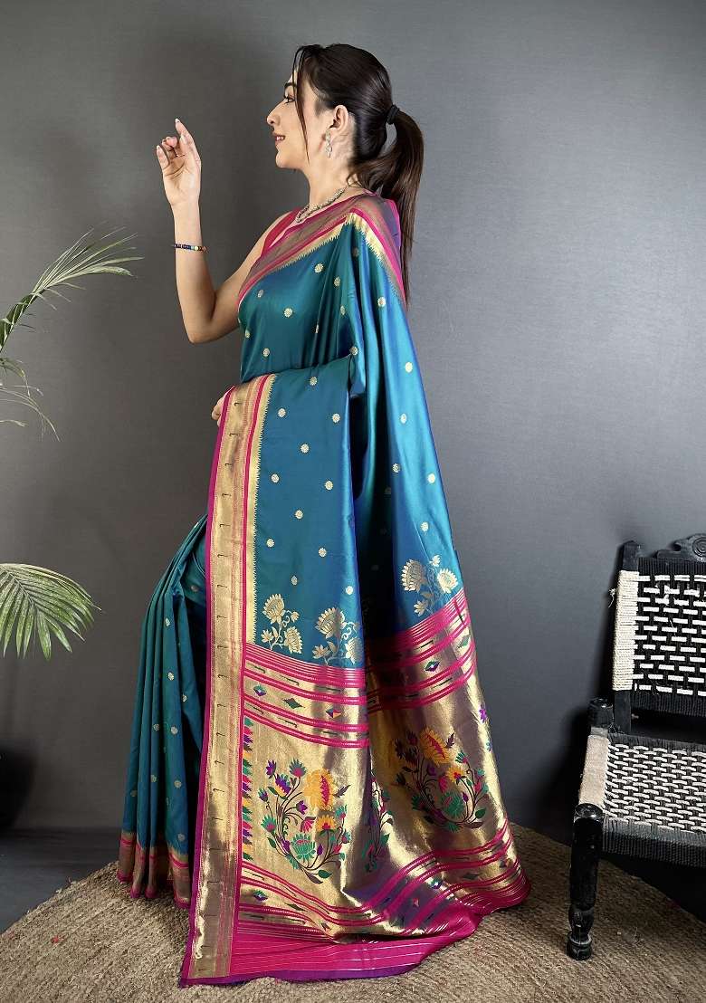 Teal Blue Floral Print Silk Blend Saree Set for Diwali and Festive Wear - Indya