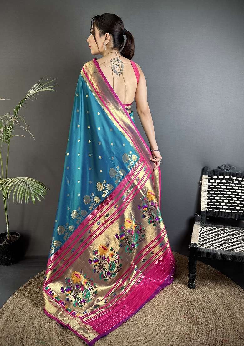 Teal Blue Floral Print Silk Blend Saree Set for Diwali and Festive Wear - Indya