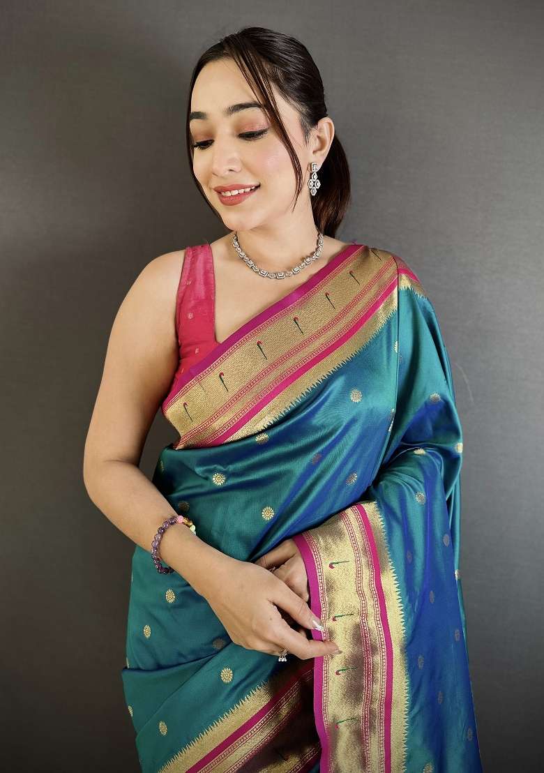 Teal Blue Floral Print Silk Blend Saree Set for Diwali and Festive Wear - Indya