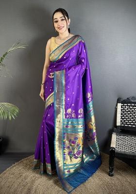 Purple Floral Print Silk Blend Saree Set