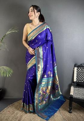 Royal Blue Floral Print Silk Saree Set