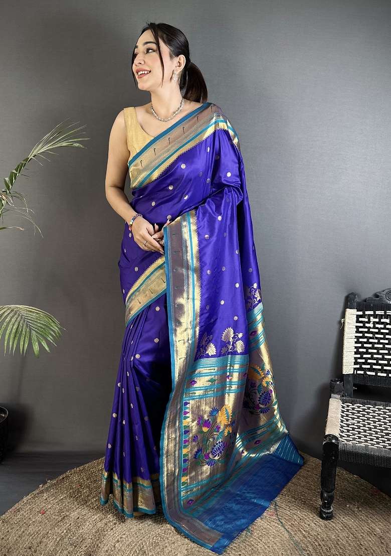 Royal Blue Silk Blend Saree Set with Floral Print for Diwali | Wedding & Festive Wear - Indya