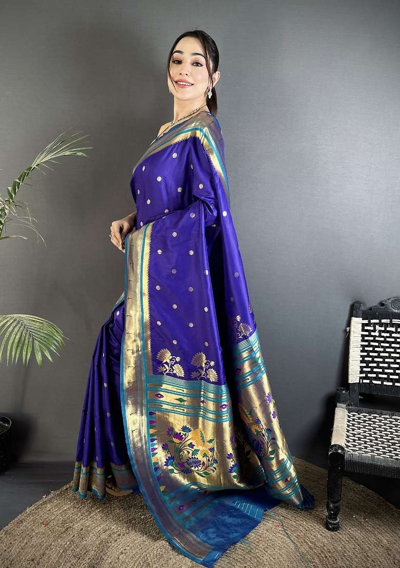 Royal Blue Silk Blend Saree Set with Floral Print for Diwali | Wedding & Festive Wear - Indya