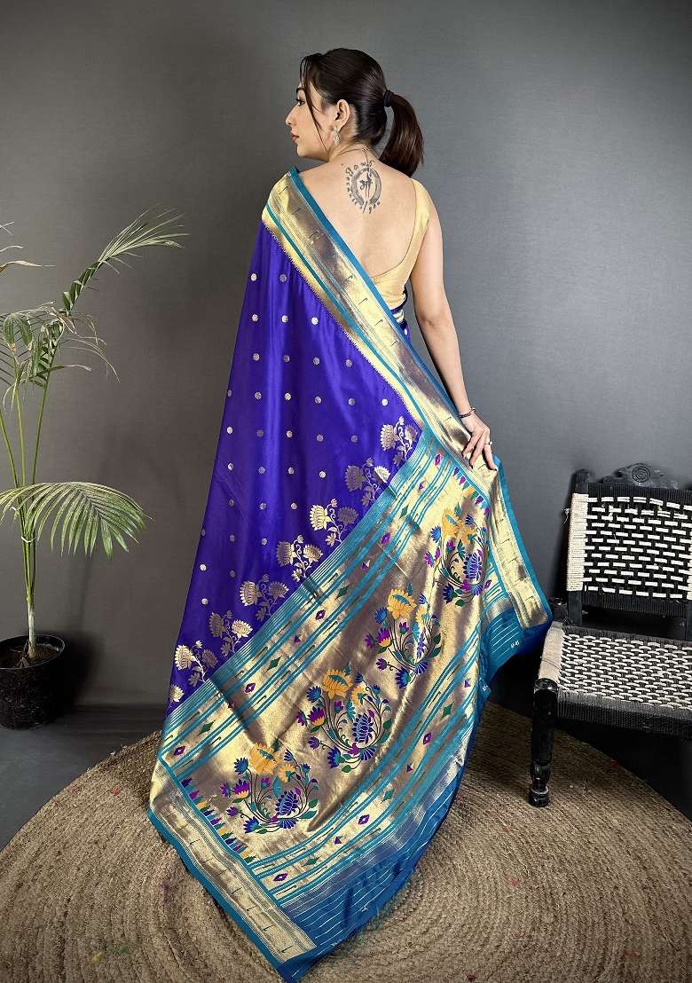 Royal Blue Silk Blend Saree Set with Floral Print for Diwali | Wedding & Festive Wear - Indya