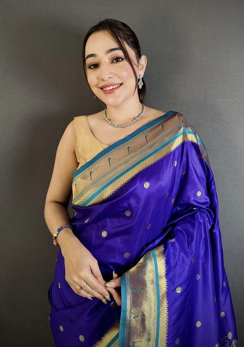 Royal Blue Silk Blend Saree Set with Floral Print for Diwali | Wedding & Festive Wear - Indya