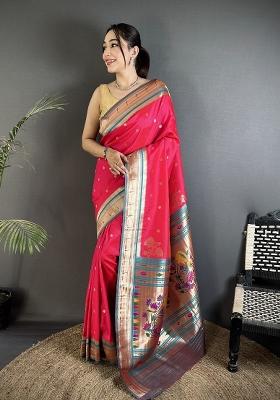 Rani Pink Floral Print Silk Blend Saree Set