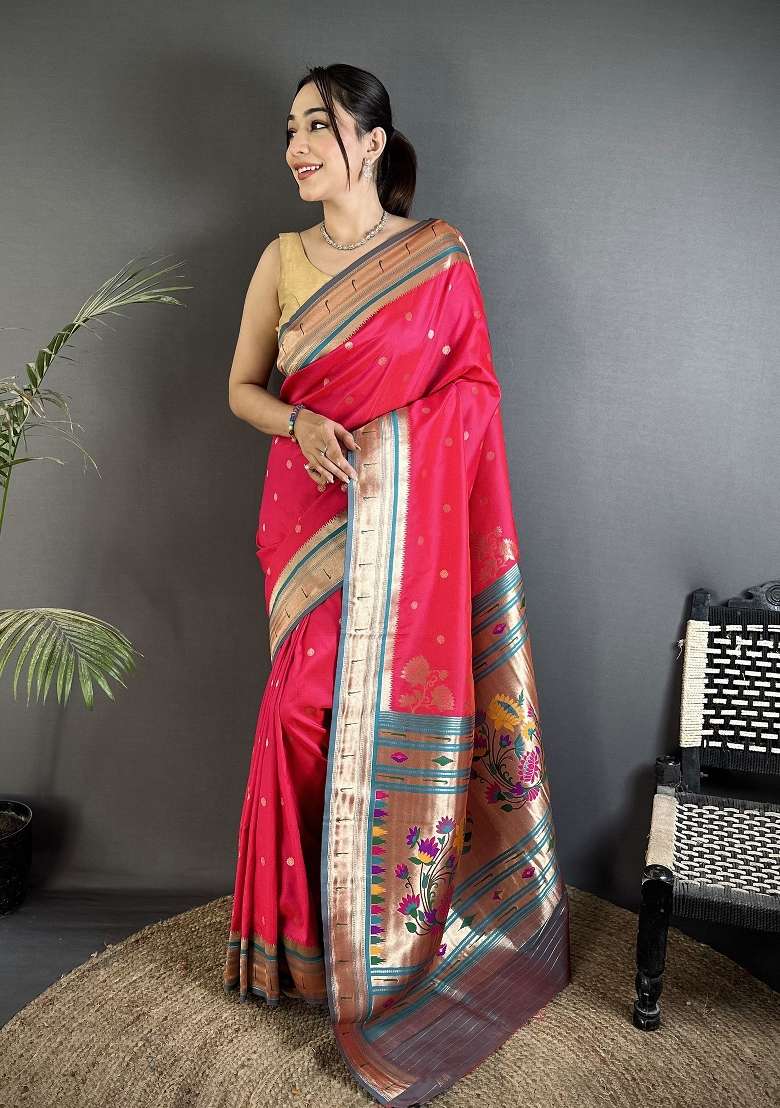 Rani Pink Floral Print Silk Blend Saree Set for Diwali and Festive Wear - Indya
