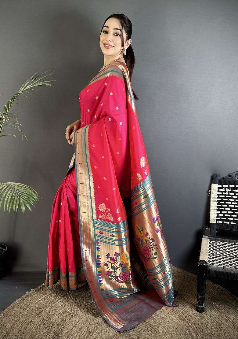 Rani Pink Floral Print Silk Blend Saree Set for Diwali and Festive Wear - Indya