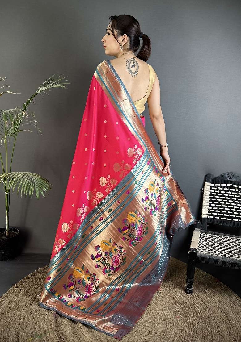 Rani Pink Floral Print Silk Blend Saree Set for Diwali and Festive Wear - Indya
