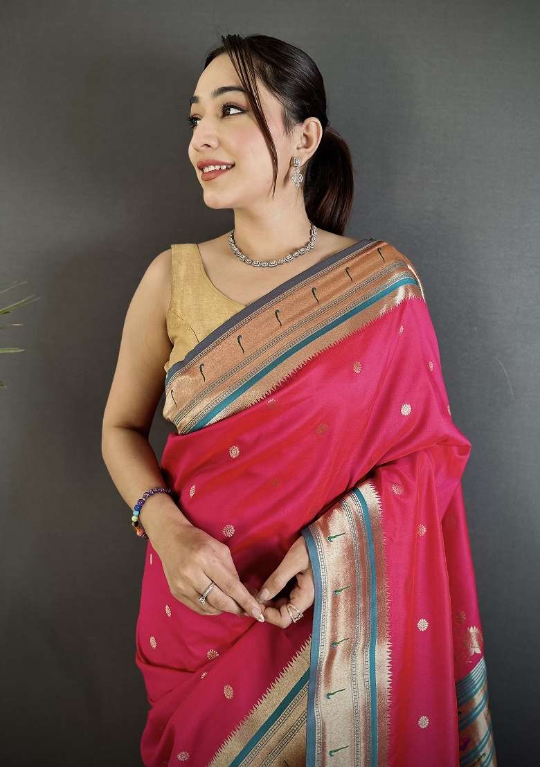 Rani Pink Floral Print Silk Blend Saree Set for Diwali and Festive Wear - Indya