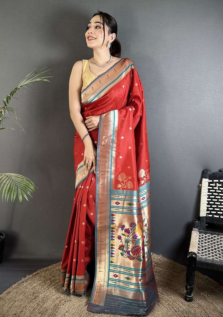 Red Floral Print Silk Blend Saree Set for Diwali and Festive Wear - Indya