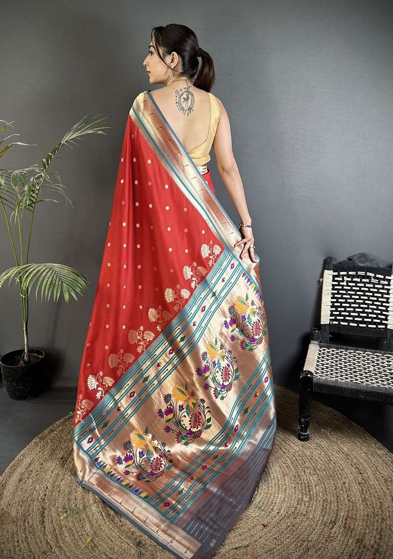 Red Floral Print Silk Blend Saree Set for Diwali and Festive Wear - Indya