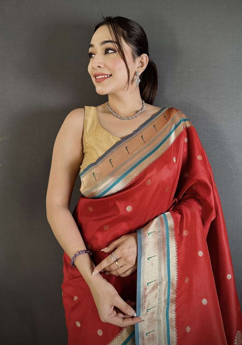 Red Floral Print Silk Blend Saree Set for Diwali and Festive Wear - Indya