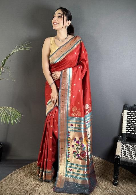 Red Floral Print Silk Saree Set