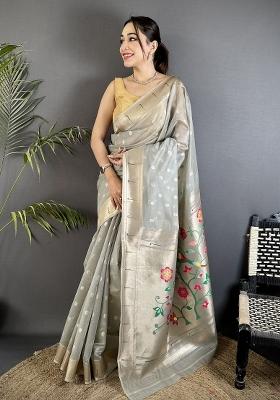 Grey Floral Print Tissue Saree Set
