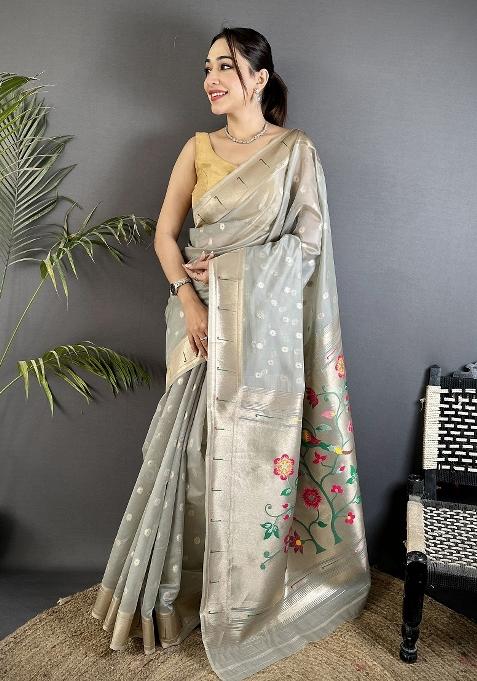 Grey Floral Print Tissue Saree Set — view on Indya