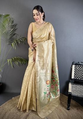 Beige Floral Print Tissue Saree Set