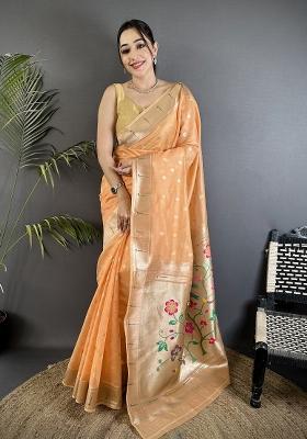 Peach Floral Print Tissue Saree Set