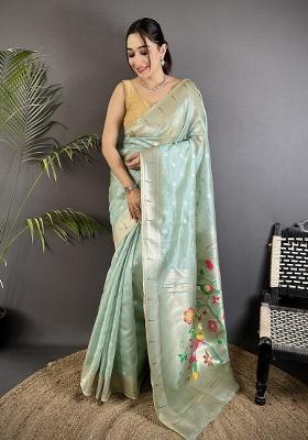 Sky Blue Floral Print Tissue Saree Set