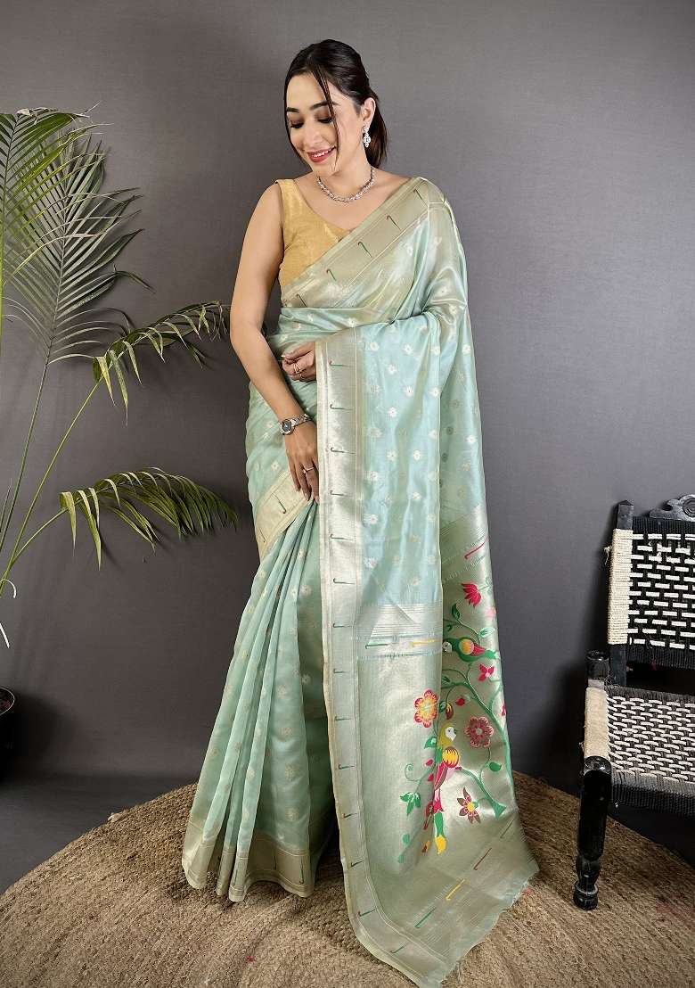 Sky Blue Tissue Saree Set with Floral Print for Diwali | Wedding & Festive Wear - Indya