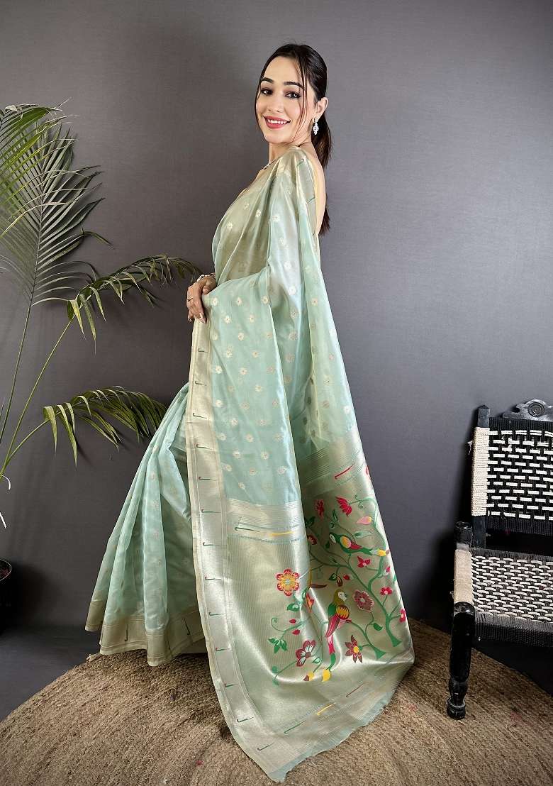 Sky Blue Tissue Saree Set with Floral Print for Diwali | Wedding & Festive Wear - Indya