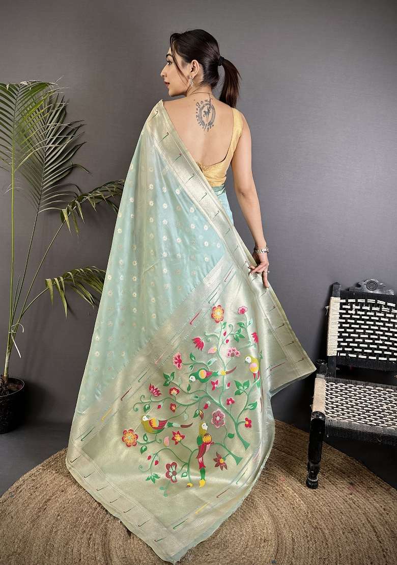 Sky Blue Tissue Saree Set with Floral Print for Diwali | Wedding & Festive Wear - Indya