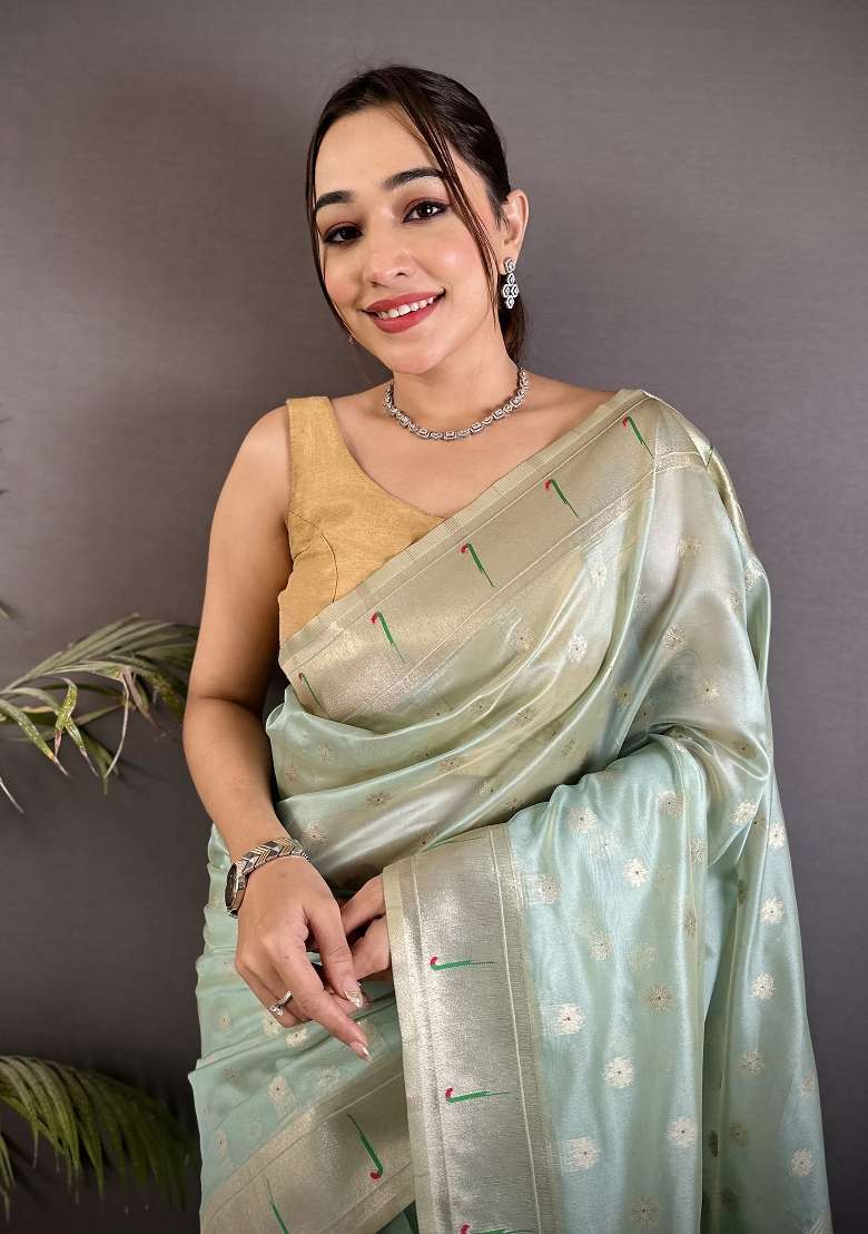 Sky Blue Tissue Saree Set with Floral Print for Diwali | Wedding & Festive Wear - Indya