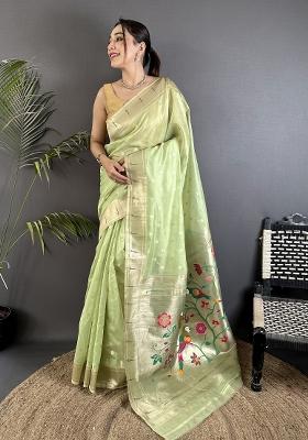 Lime Green Floral Print Tissue Saree Set