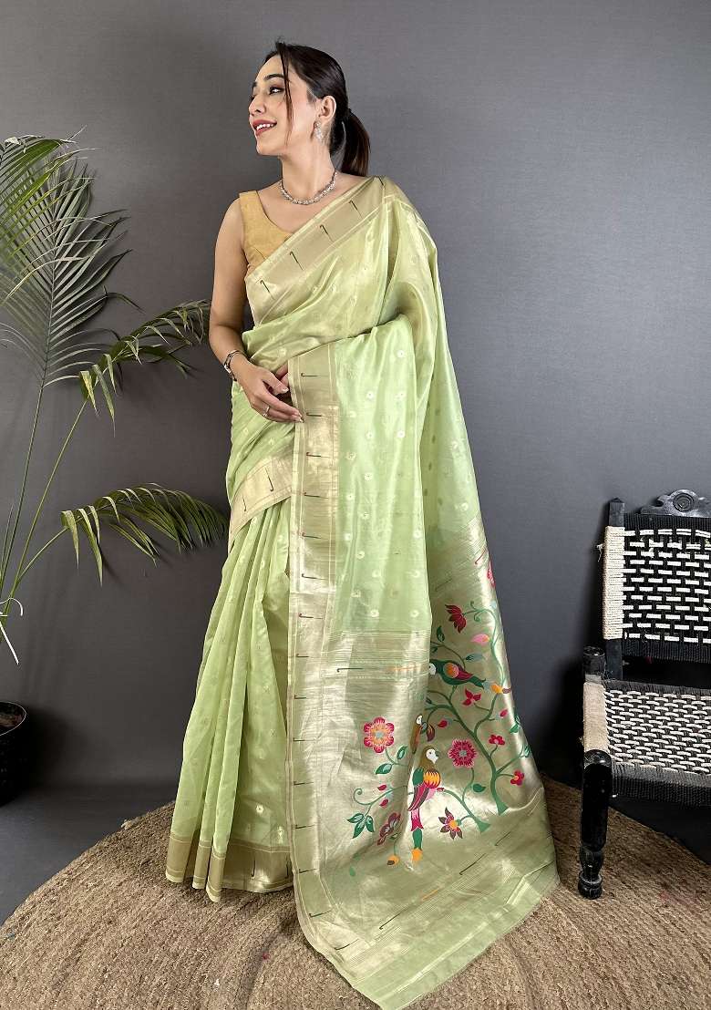 Lime Green Tissue Saree Set with Floral Print for Diwali | Wedding & Festive Wear - Indya