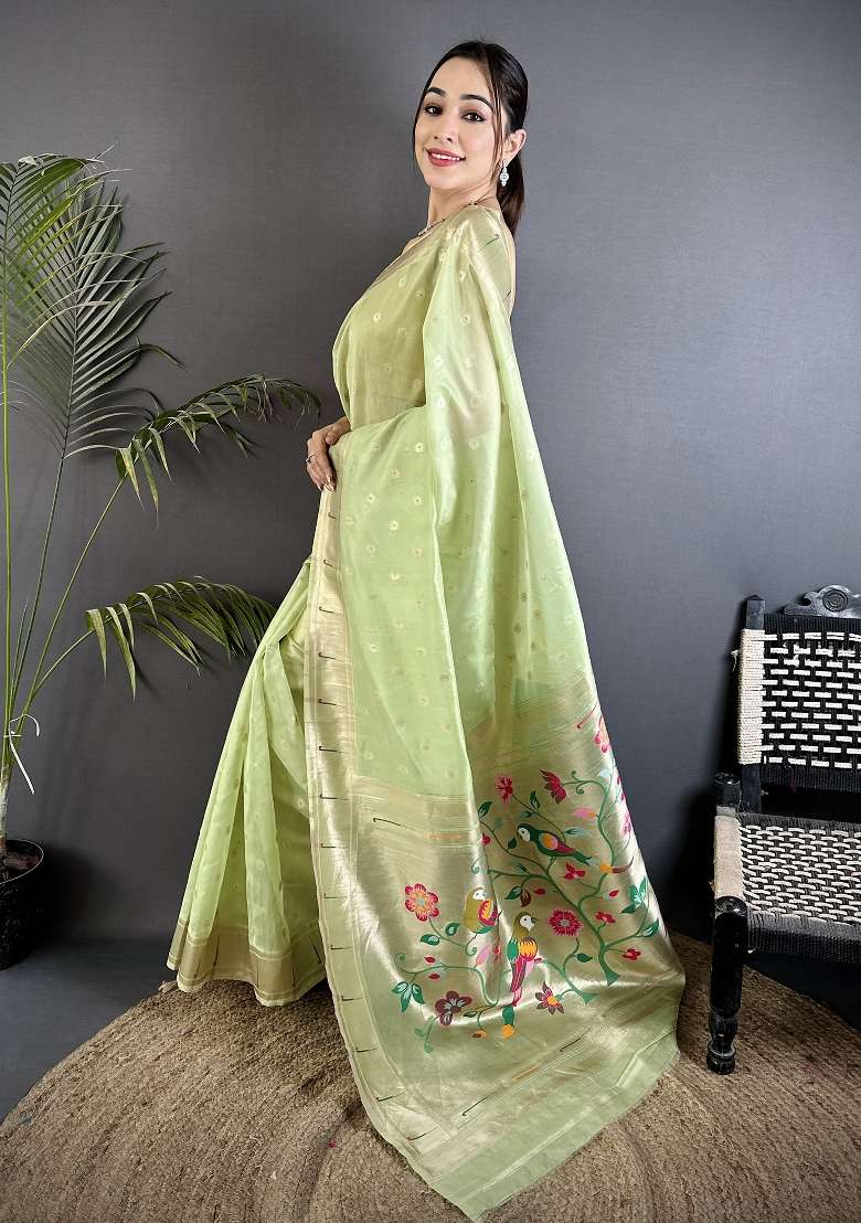 Lime Green Tissue Saree Set with Floral Print for Diwali | Wedding & Festive Wear - Indya