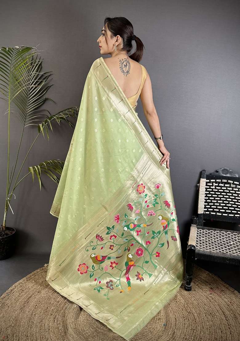 Lime Green Tissue Saree Set with Floral Print for Diwali | Wedding & Festive Wear - Indya