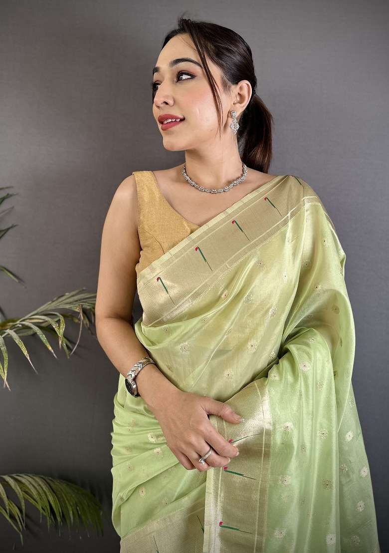 Lime Green Tissue Saree Set with Floral Print for Diwali | Wedding & Festive Wear - Indya