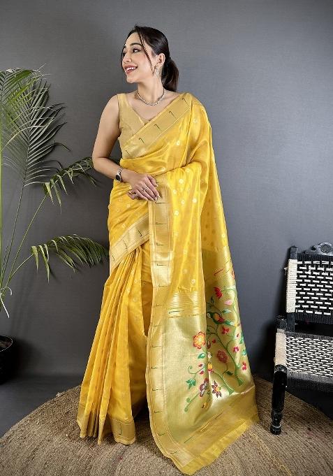 Yellow Floral Print Tissue Saree Set — view on Indya