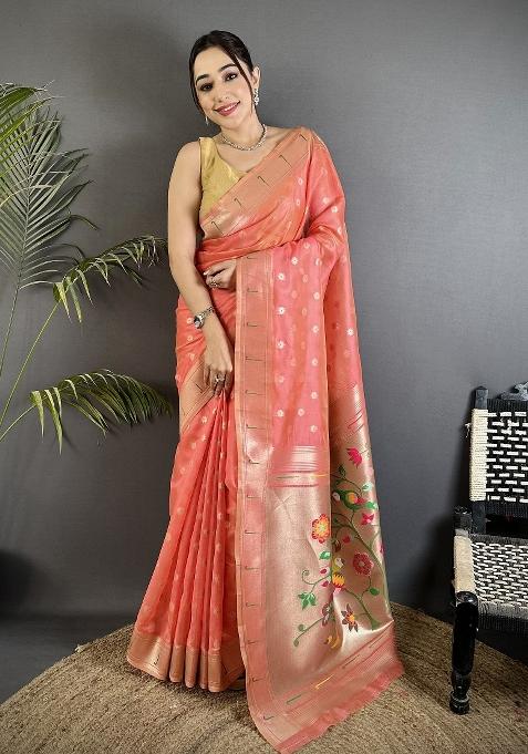 Pink Floral Print Tissue Saree Set — view on Indya