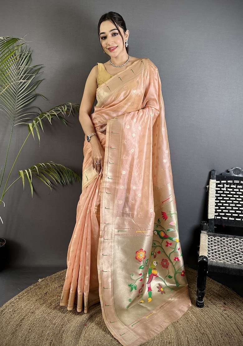 Coral Pink Floral Print Tissue Saree Set for Diwali and Festive Wear - Indya