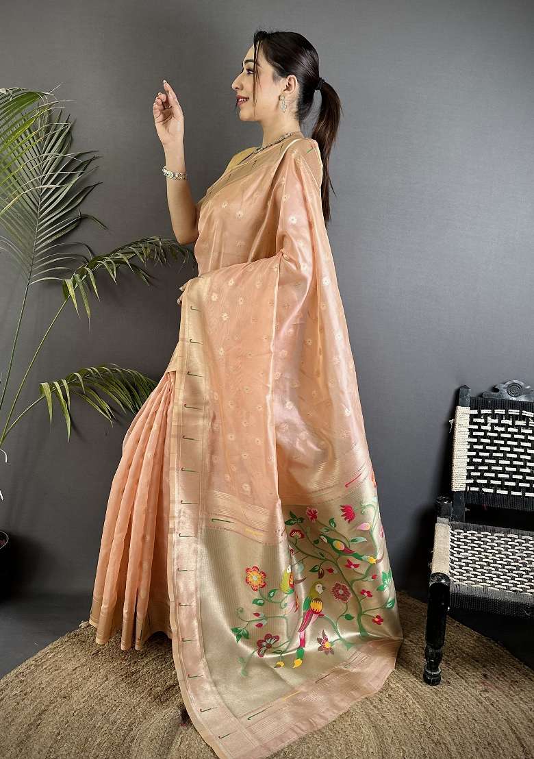 Coral Pink Floral Print Tissue Saree Set for Diwali and Festive Wear - Indya