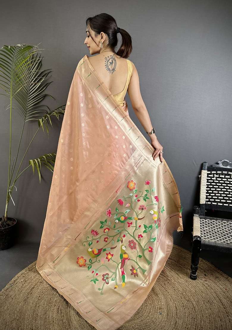 Coral Pink Floral Print Tissue Saree Set for Diwali and Festive Wear - Indya