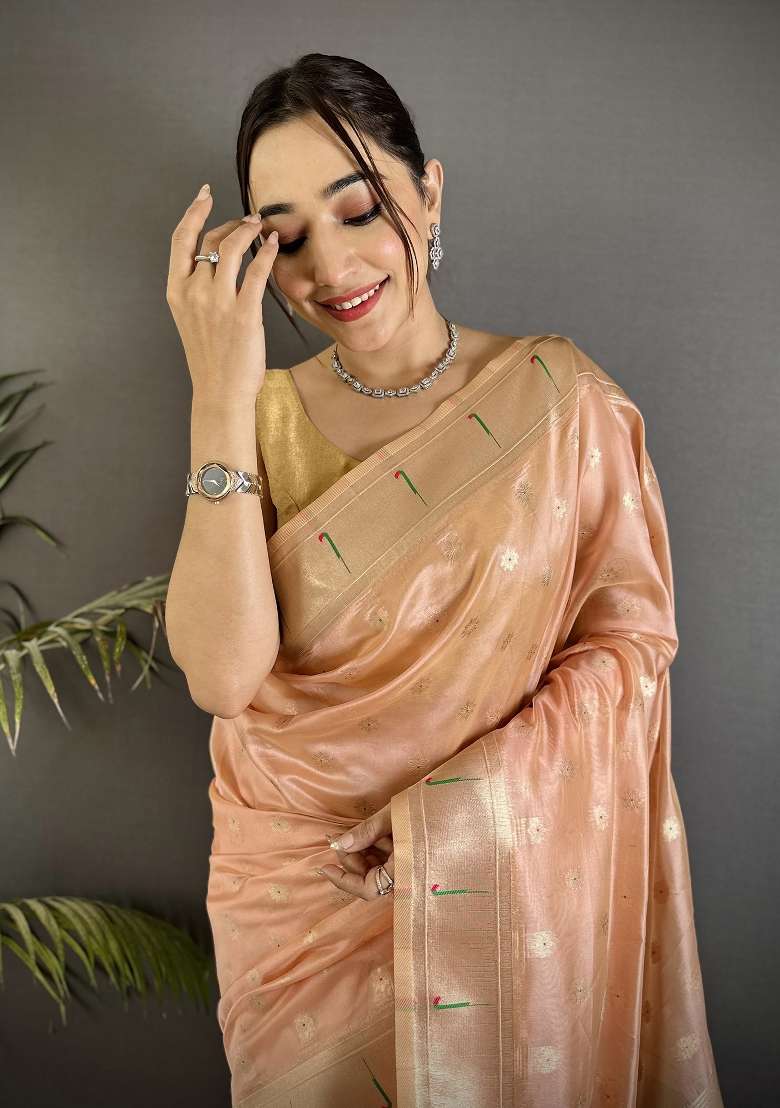 Coral Pink Floral Print Tissue Saree Set for Diwali and Festive Wear - Indya