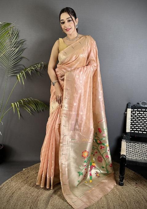 Coral Pink Floral Print Tissue Saree Set